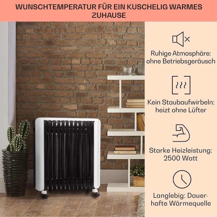 Електричний масляний радіатор Klarstein Thermaxx 2500 - опалення 2500 Вт, термостат 5-35°C, LED-дисплей, таймер, легкий, з роликами, білий/чорний