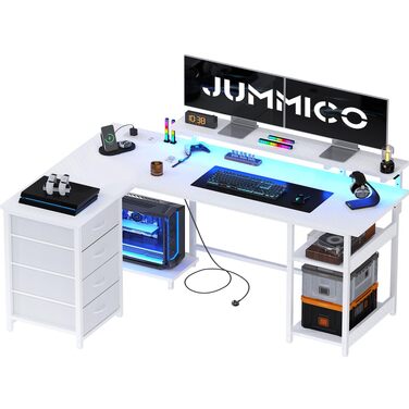 Ігровий кутовий стіл JUMMICO L-подібний (155x100 см) з LED-підсвіткою та розеткою, білий