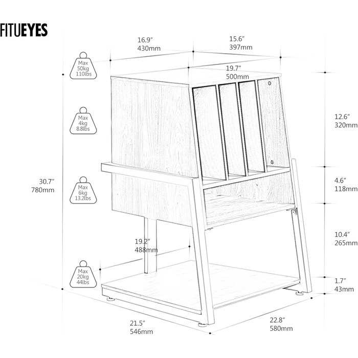 Стіл-полиця FITUEYES DESIGN Eiffel для програвача та вінілових платівок, сучасний елегантний Hi-Fi стелаж