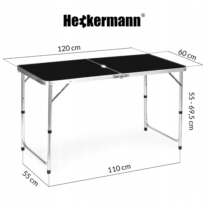 Туристичний стіл Heckermann, чорний MDF, з регулюванням висоти