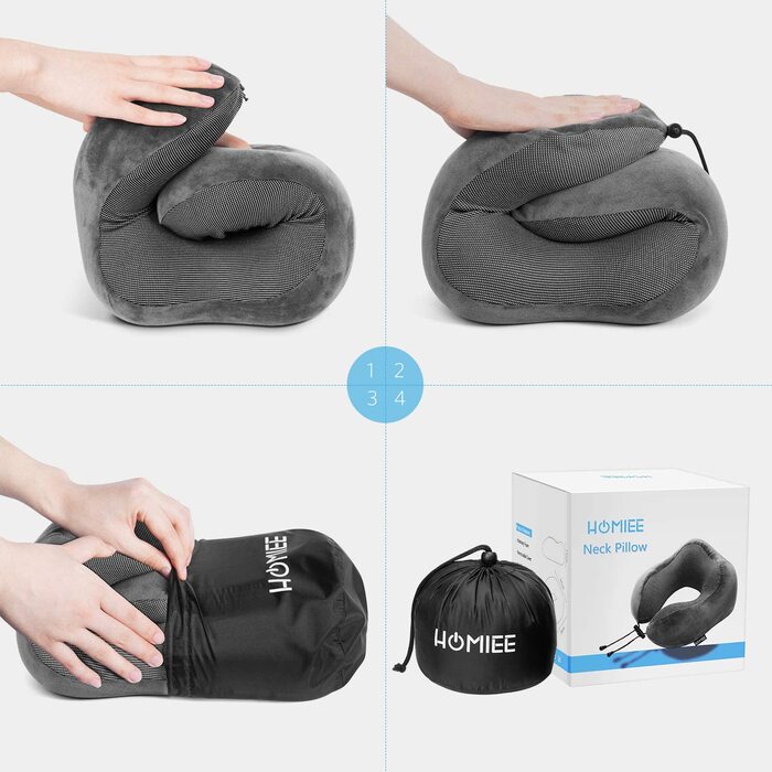 Подушка для шиї Homiee для подорожей: ортопедична, з memory foam, для автомобіля, літака, офісу (сіра)