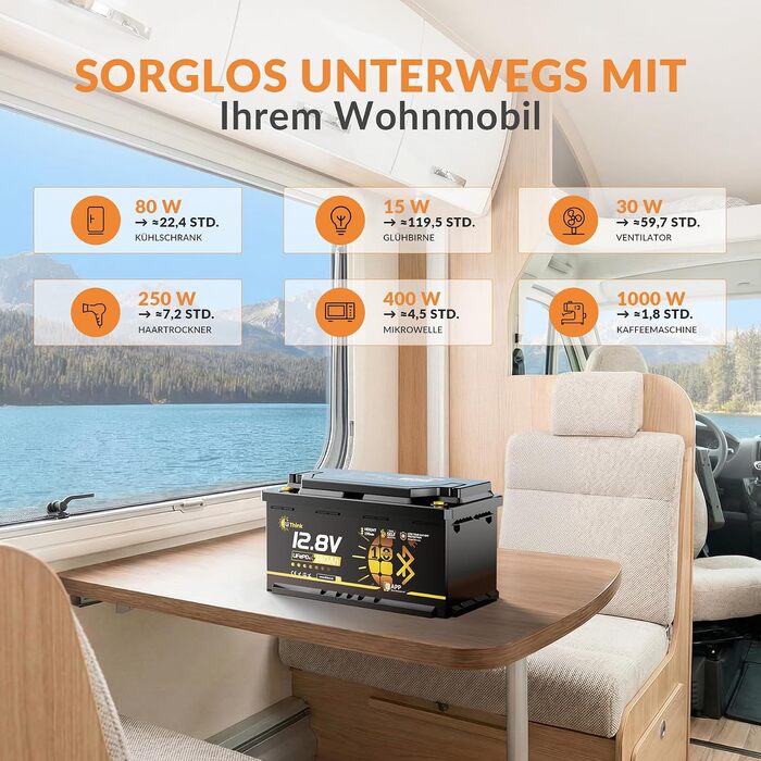 LiFePO4 акумулятор 12V 100Ah H190 ECE R10 з Bluetooth 5.4 для кемперів та автобудинків, літієва батарея (набір 2 шт)