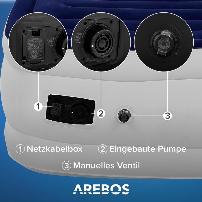 Надувний матрац Arebos 203×152,5×51 см для двох з електричною помпою, синьо-білий, для дому та кемпінгу, з сумкою