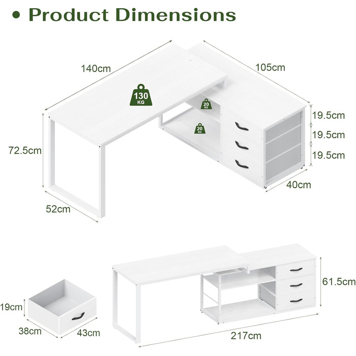 Кутовий письмовий стіл JUMMICO з шухлядами, 140x105x75 см, білий, з USB-роз'ємами та розетками