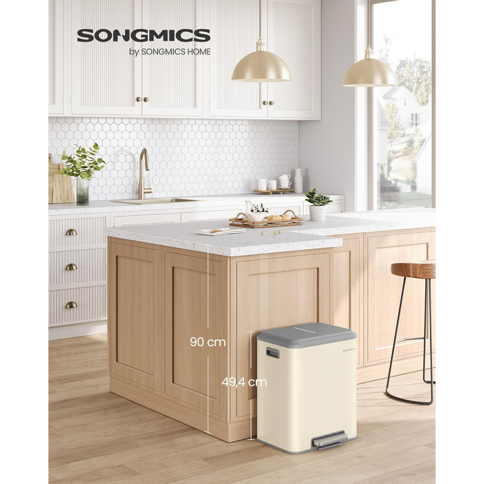 Сортувальний смітник для кухні SONGMICS, 2×15 л, сталевий, з м'яким закриттям, 2 секції для роздільного збору, бежевий