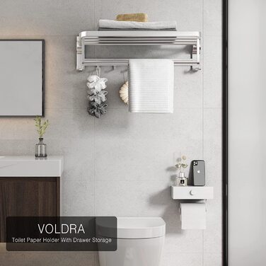 Тримач для туалетного паперу Voldra з контейнером для вологих серветок, настінний без свердління, з поличкою, білий, для ванної та туалету