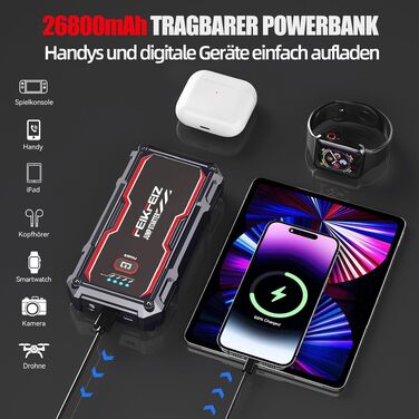 Автомобільний зарядний пристрій FEIKFEIZ Auto Starthilfe Powerbank, пусковий пристрій 6000A 26800mAh для 12V акумуляторів (бензин та дизель до 8.0L), з USB-портом та LED-ліхтарем