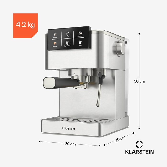 Klarstein SteelPresso Touch: Еспресо-машина з нержавіючої сталі, 20-бар, 1350 Вт, з інтегрованим капучинатором та сенсорним дисплеєм