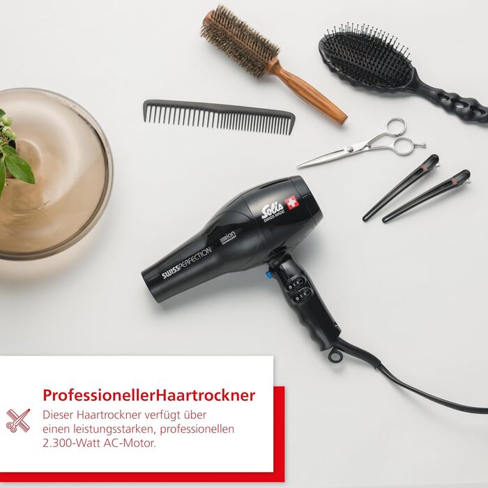 Фен для волосся Solis Swiss Perfection 440, 2300 Вт, іонний, 3 температури, 2 швидкості, холодне повітря, AC-мотор, чорний