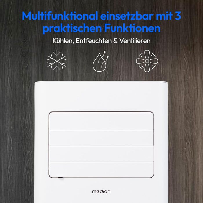 Мобільний кондиціонер MEDION P901 9000 BTU з пультом та Wi-Fi – охолодження, осушення, вентиляція. Комплектація з ущільнювачем для вікна.