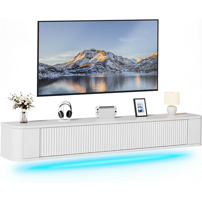 Підвісний TV-тумба YITAHOME 140 см з RGB LED підсвіткою, біла глянцева медіаконсоль для вітальні та спальні (180x25x20 см)