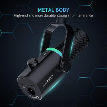 FEELWORLD PM1 Динамічний мікрофон XLR/USB з RGB-підсвічуванням для подкастів, геймінгу та YouTube. Комплект з підставкою та кабелем