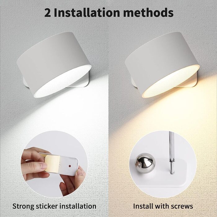 Aourow LED настінний світильник на батареї, акумуляторний, з USB-зарядкою, сенсорним керуванням, 3 режимами світла і яскравості, бездротова лампа для читання в спальні, білий