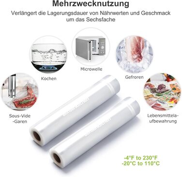 Рулони для вакуумного пакування Bonsenkitchen 28x600 см (2 шт.) - міцні пакети для вакууматора, харчові, для су-від, без BPA