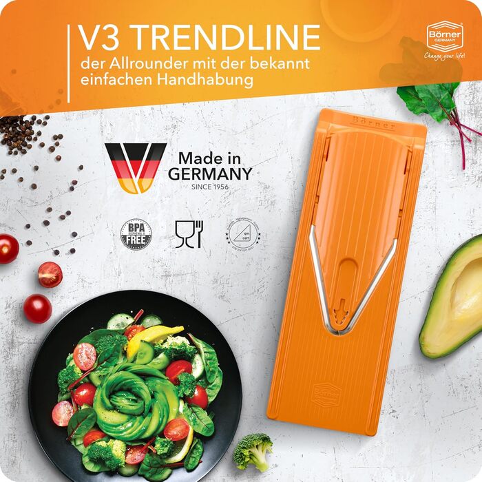 Börner V3: Овочевий тертак для кухні з нержавіючої сталі, 5 типів нарізки, з тримачем для фруктів, помаранчевий/білий (Базовий набір)