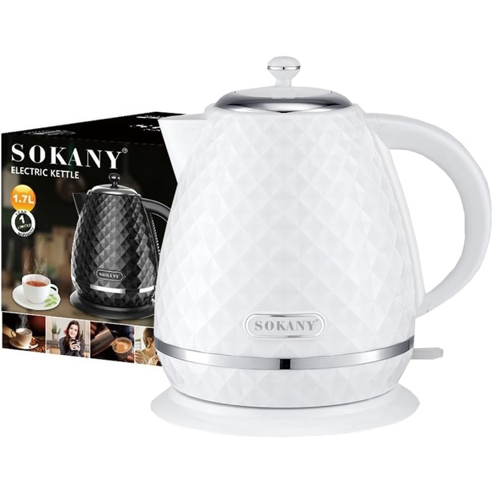 Електрочайник SOKANY SK-1032 2200 Вт, 1,7 л, білий, знімний фільтр від накипу, авто-вимкнення, індикатор рівня води, обертається на 360°, чайник для води та чаю