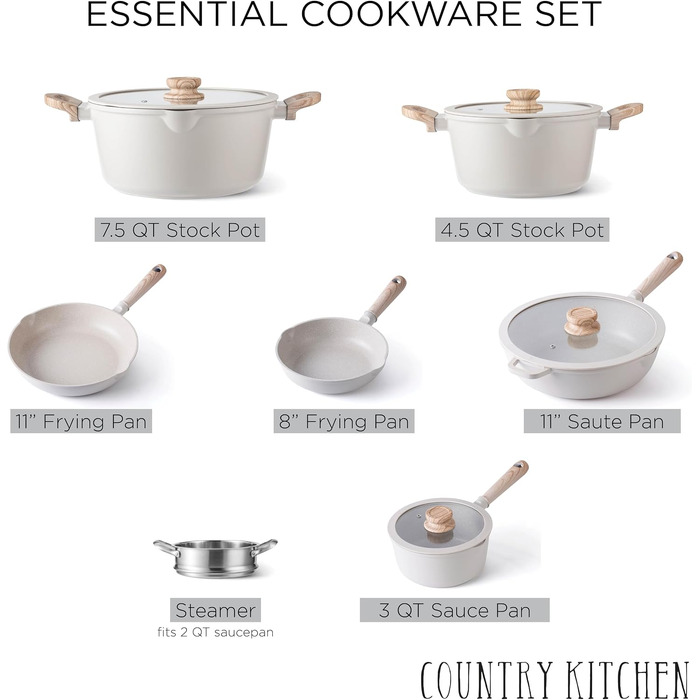 Набір посуду Country Kitchen з чавунного алюмінію, 10 предметів, антипригарне покриття, для індукційних плит, колір Cream