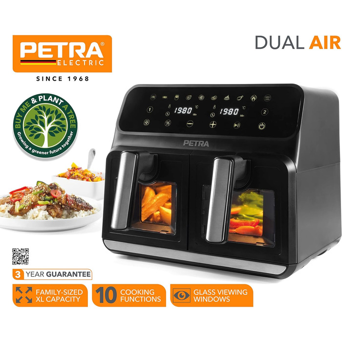 Подвійна аерофритюрниця Petra PT5196GWVDE 7,6 л, 1700 Вт, без масла, з двома антипригарними кошиками, оглядовими вікнами та 10 програмами приготування