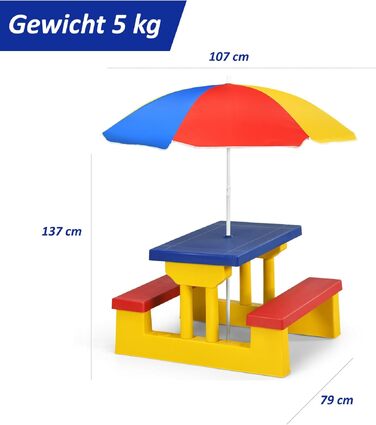 Дитячий столик та лавка з парасолькою COIL для дітей від 3 років - дитячий садовий набір, столик зі стільцями, жовтий