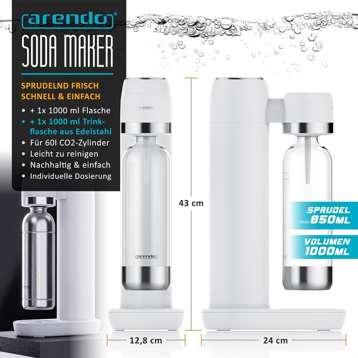 Сифон для газування води Arendo Soda Maker, набір з двома пляшками (1л пластикова BPA-free та 1л зі сталі), сумісний з циліндрами CO2 60л, білий