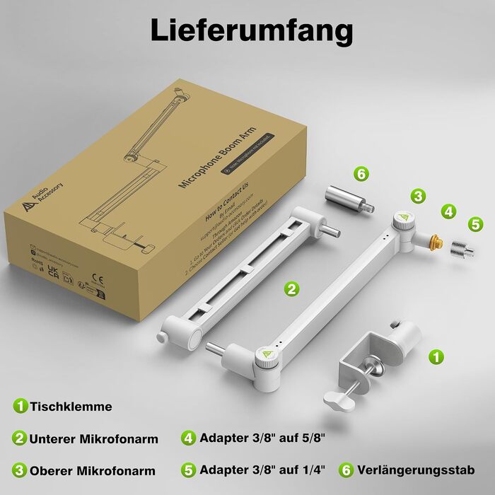 Низькопрофільний мікрофонний стійка-пантограф (кронштейн) Gear-Lock, білий, 780 мм, до 3 кг, сумісний з Shure SM7B, MV7+ та іншими мікрофонами