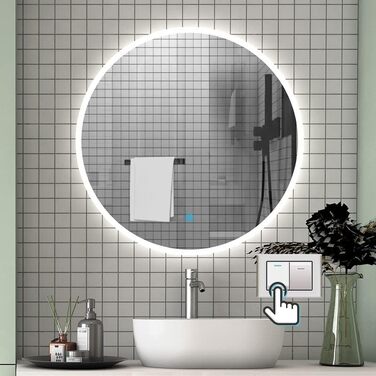 LED дзеркало для ванної кімнати Aica Sanitär, кругле, 50 см, з підсвічуванням (холодне/нейтральне/тепле світло), диммування, функція пам'яті, сенсорне управління, запобігання запотіванню, автоматичне вимкнення