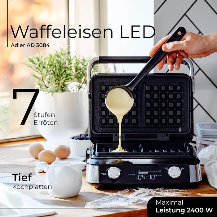 Професійна вафельниця ADLER EUROPE для бельгійських вафель з LCD-дисплеєм, 2400 Вт, 5 програм та 7 рівнів просмаження, глибокі пластини 12x13x2 см