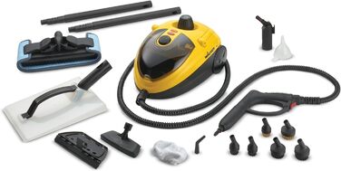 WAGNER Power Steamer 915 E – багатофункціональний пароочисник 1500 Вт, 3,5 бар, 18 насадок, резервуар 1,2 л, 40 хв роботи, для прибирання, жовтий/чорний