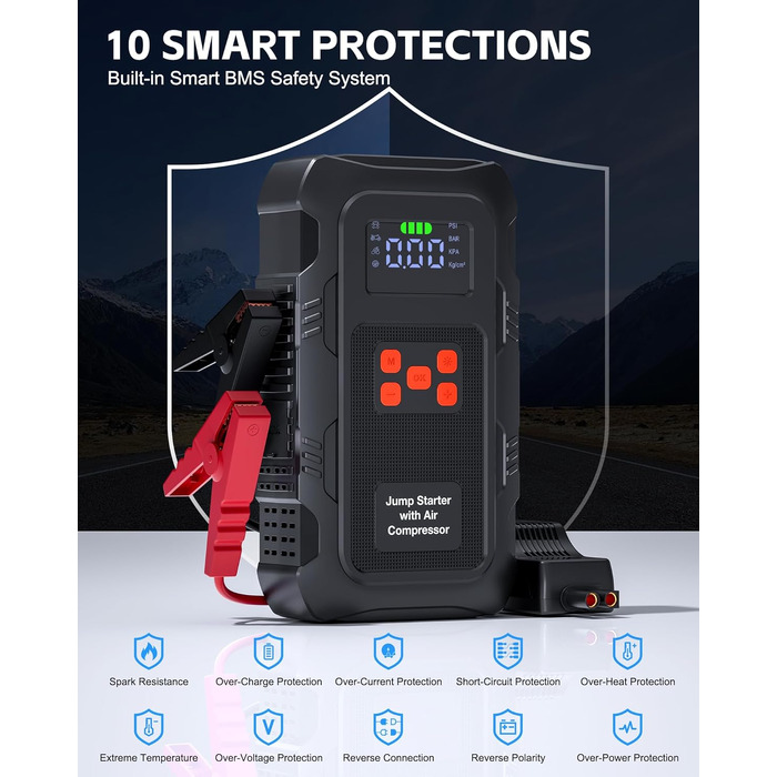 Пусковий інвертор Povasee 6000A з компресором 150 PSI та Powerbank, бустер для авто 12V з електричним насосом та ліхтариком (Помаранчевий/Чорний)