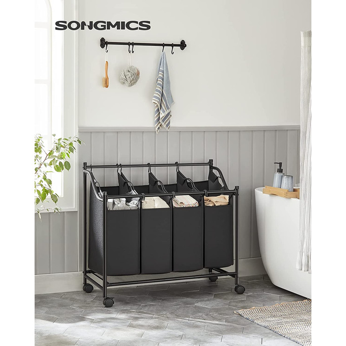 Кошик для білизни SONGMICS з 4 знімними тканинними мішками, сортувальник на колесах, 140 л, чорний, для зберігання іграшок і білизни