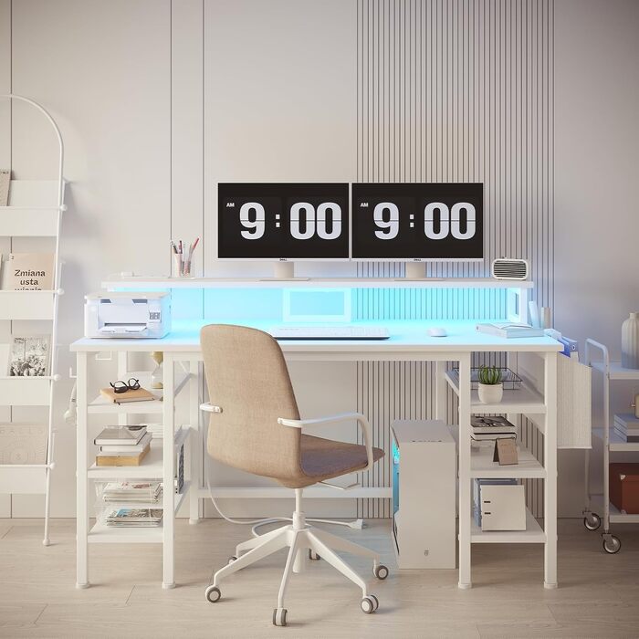 Білий комп'ютерний стіл Lufeiya для геймінгу та офісу (119.4 см) з LED-підсвіткою, підставкою для монітора та розетками