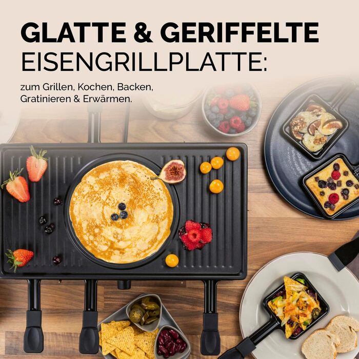 GOURMETmaxx Ракуле-Фондю 2-в-1 на 8 осіб | Ракуле-Фондю комбінація з 8 сковородами, лопатками та виделочками | Ідеально для вечірок | Ракуле та Фондю для 8 осіб