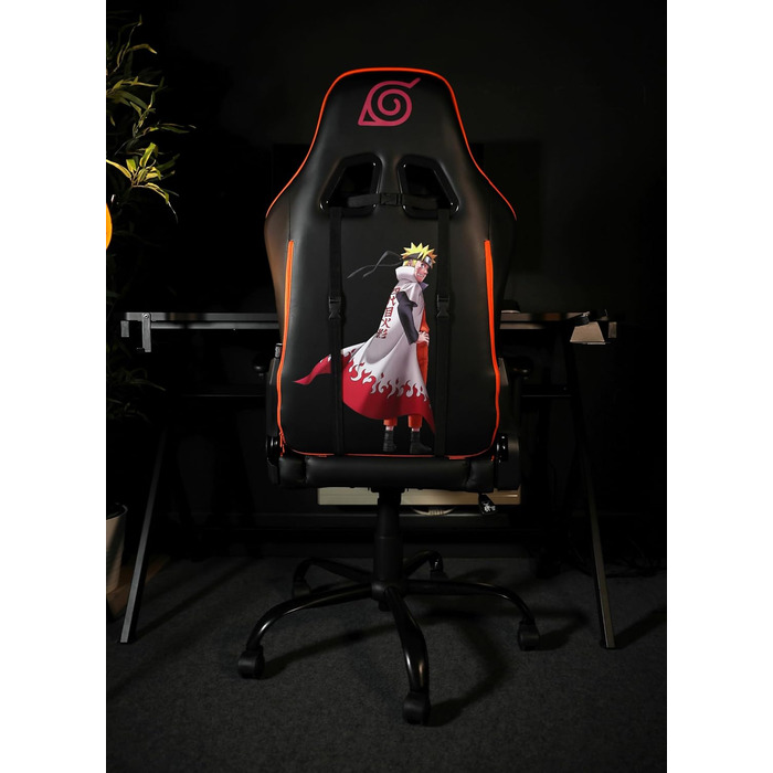 Ігрове крісло Konix Naruto Shippuden Premium, PVC-шкіра, ергономічне, з подушками для попереку та шиї, нахил 150°, дизайн Хокаге, чорне з помаранчевим