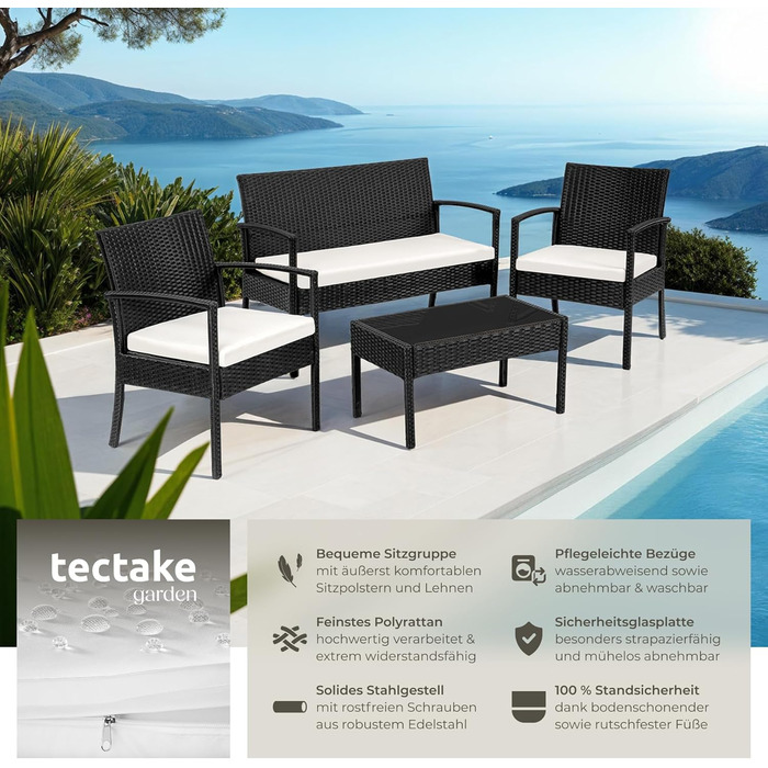 Садові меблі з поліратану tectake®, комплект: 2 крісла, лавка, стіл, чорний, вуличний набір для саду, тераси та балкона, стійкі до погодних умов