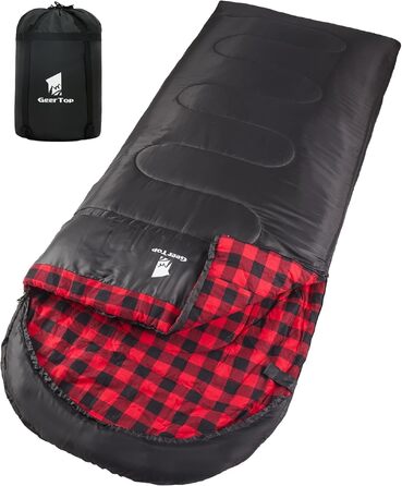 Всесезонний спальний мішок GEERTOP XXL з фланелі для дорослих, 220x100 см, для кемпінгу, походів та подорожей, чорний у червону клітинку