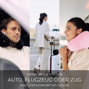 Подорожня подушка для шиї CLOUDS з ефектом пам'яті (Memory Foam) для літака та авто, регульована, дихаюча тканина, розмір S/M, чорна