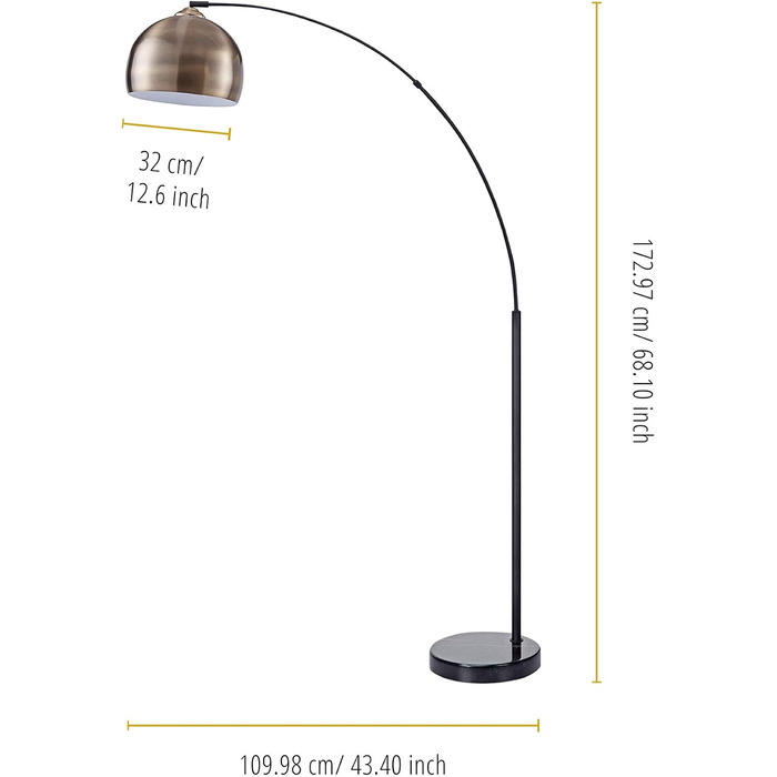 Торшер Teamson Home Arquer з арочною LED-дугою, чорний, із мармуровою підставкою та латунним абажуром для вітальні чи їдальні, сучасний дизайн
