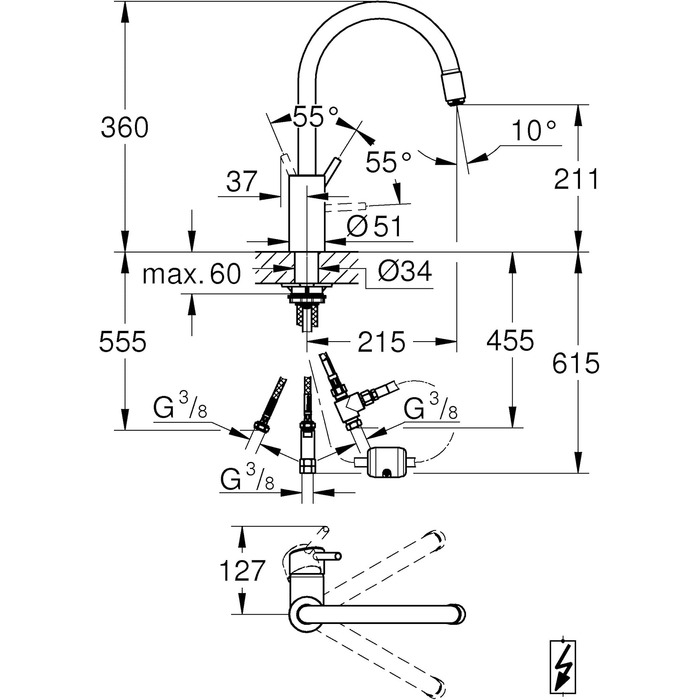 Змішувач кухонний GROHE Concetto з висувним душем, поворотний на 360°, хром (31483002) - економія води