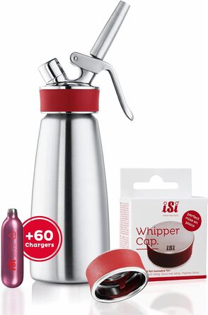 ISI Gourmet Whip набір для збивання вершків 0,5 л з 6 упаковками по 10 капсул і кришкою – сифоновий спрейер для вершків, супів, мусів та десертів, 100% нержавіюча сталь, вироблено в Австрії