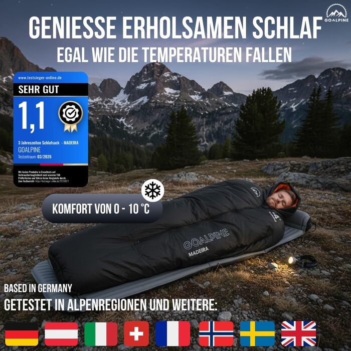 Трисезонний спальний мішок-кокон GOALPINE Madeira для дорослих, комфорт 5-10°C, з отвором для рук, водовідштовхувальний, для кемпінгу та трекінгу