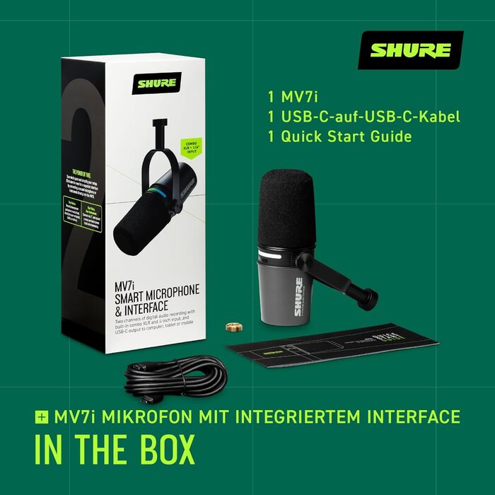Мікрофон Shure MV7i Smart Podcast з вбудованим аудіоінтерфейсом, комплект для подкастингу, 2-канальний, Dual-XLR для мікрофонів або інструментів, USB-C підключення до ПК/телефону