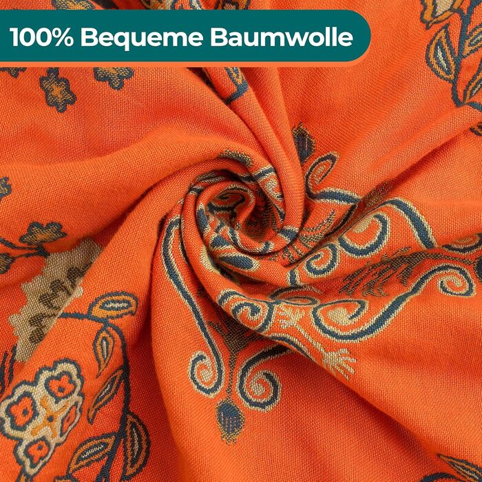 HOORDRY плед з бавовни двосторонній Boho, покривало з китицями 230×250 см, м'яка тепла ковдра для дивану, ліжка чи крісла, зелено-оранжева