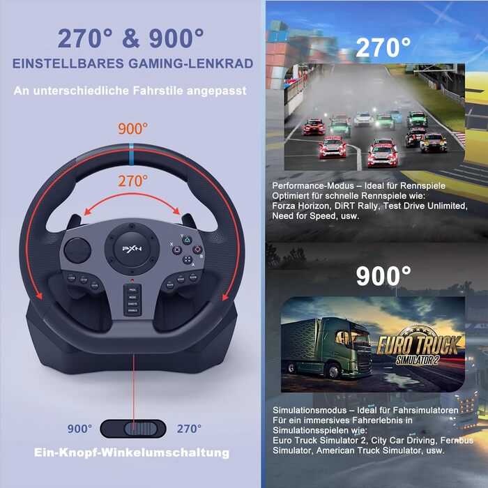 Ігровий кермо PXN V9 з педалями та перемикачем для ПК, Xbox, PS4/PS3 - 270/900°, вібрація, налаштування