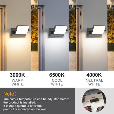 Стіна LED-світильник SANSHI зовнішній водонепроникний IP65, поворотна панель 350°, 12W, 3 режими кольору (3000K/4000K/6500K) для саду та тераси, темно-сірий