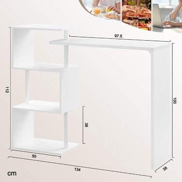 Барний стіл WOLTU BT27ws, білий, 134x38x112 см, з 3 полицями, обертовий, метал і МДФ