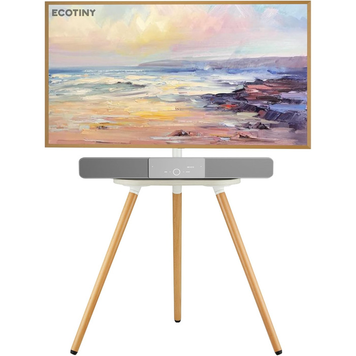 Підлогова телевізійна стійка ECOTINY TV для екранів 40-65 дюймів, висота регулюється, поворотна, переносна, з полицею, чорний горіх/білий, дерево, VESA 400x400 мм, до 35 кг
