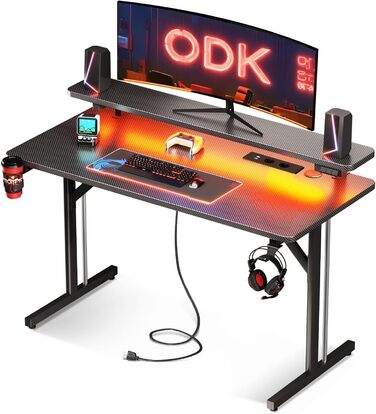 Ігровий стіл ODK 100 см з LED-підсвіткою, розетками та полицею для монітора, чорний карбон, комп'ютерний стіл для геймерів