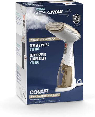 Ручний парогенератор Conair Turbo ExtremeSteam 25 г/хв, 5 режимів, швидкий нагрів, 3 насадки для делікатних і щільних тканин, білий/бежевий, EU