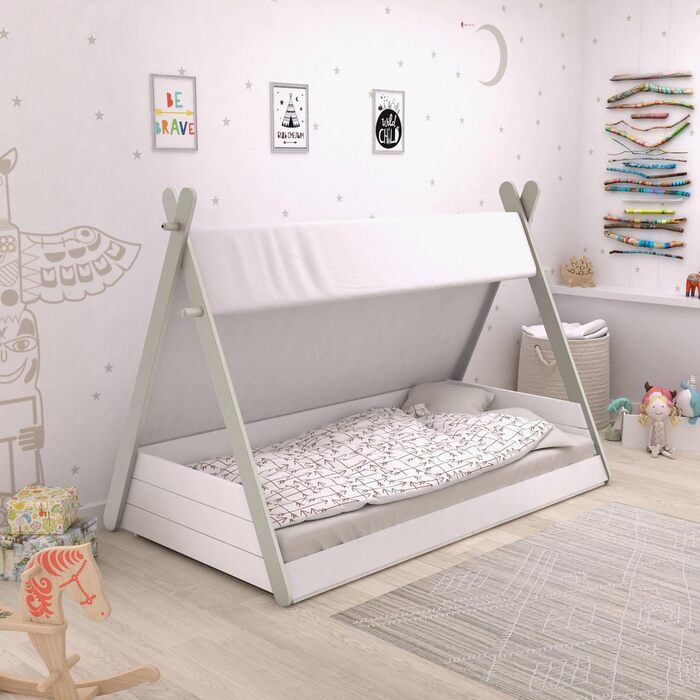 Дитяче ліжко-трансформер Tipi з дерева, 70x140 см, біле, з ламелями, для дітей, індіанський намет