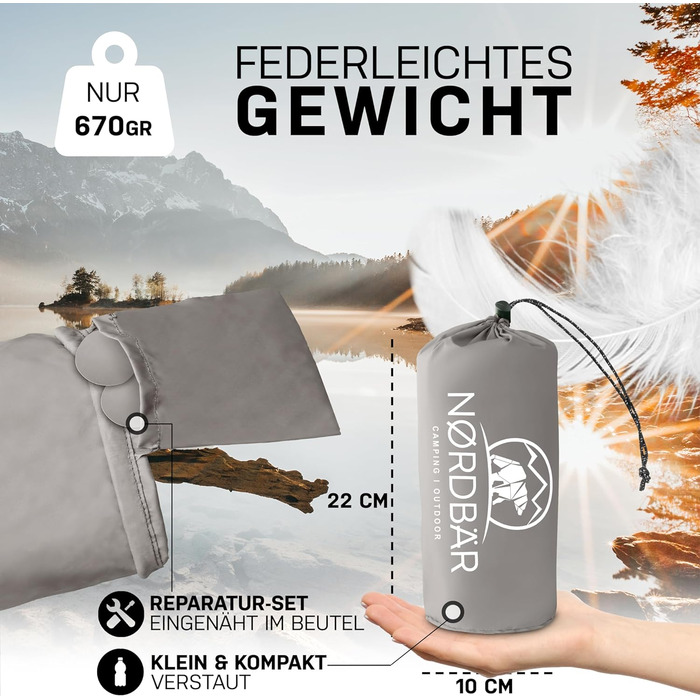 Ультралегка надувна ізомати з подушкою NORDBÄR для кемпінгу та туризму, сіра